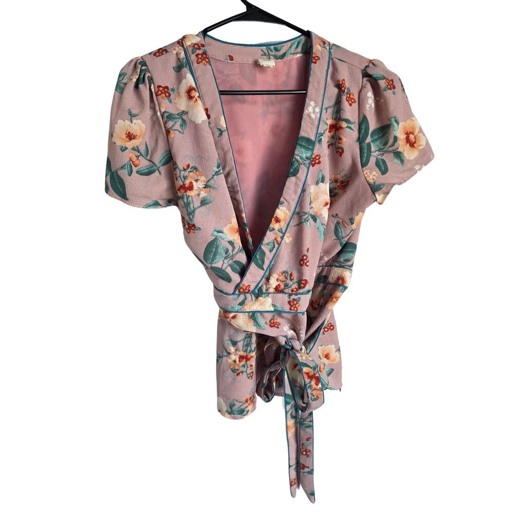 red + olive Floral Wrap Blouse Top Mauve Pink Teal Piping Puff Sleeve Large L